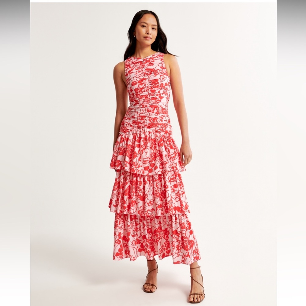 High neck ruched waist tiered gown red and pink NWT